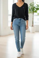 ラルフローレン Vネック 長袖 Tシャツ ポニー刺繍 M 黒 パープル