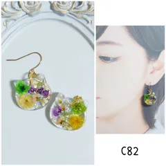c82 ねこ かすみ草 アリッサム パール ハンドメイド ピアス イヤリング