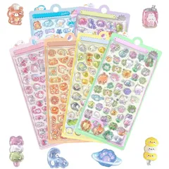 【6枚セット】3dシール 立体シール 可愛い ぷくぷく Lucktree ジュエル風 立体 泡ステッカー ステッカー 手帳用 貼り付け可能 女の子 （犬 + クマ + 猫 + ウサギ + 恐竜 + 鳥） 1