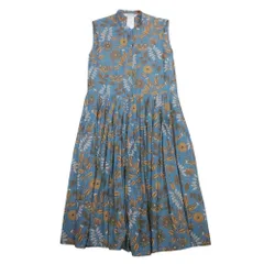 美品 'S Max Mara エスマックスマーラ コットンポプリン ノースリーブシャツ ワンピース ギャザー タック ロング 総柄 40 青系 レディース 古着 中古 USED