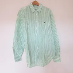美品 LACOSTE ラコステ オーバーサイズ リネン100％ ストライプ 長袖 シャツ ブラウス 36 グリーン レディース 古着 中古 USED