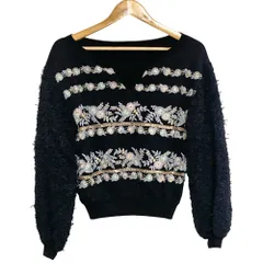 美品 GRACE CONTINENTAL グレースコンチネンタル 刺繍 テープヤーン プルオーバーニット サイズ36 ブラック レディース 古着 中古 USED