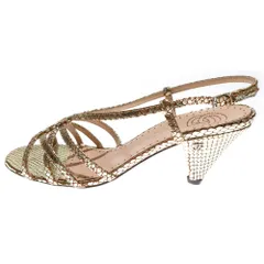 GUCCI (グッチ) 型押し GGロゴ ストラップ ヒール サンダル ミュール ゴールド レディース