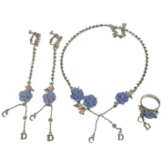 美品 Christian Dior クリスチャンディオール フラワーモチーフ チェーンネックレス イヤリング リング 3点セット シルバーカラー レディース 古着 中古 USED