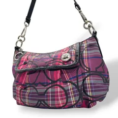 美品 コーチ ショルダーバッグ ピンク チェック柄 シグネチャー 斜め掛け可 u14 ナイロン レザー 本革 ロゴボタン シルバー金具 パープル ブラック COACH 14366