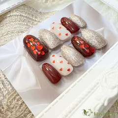 【現品】ネイルチップ　ブラウン　赤　ハート　バレンタイン