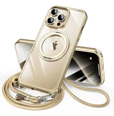 ★iPhone 14 Pro Max 用 ケース ダブルリング付き ショルダー ストラップ付き 多機能360度回転スタンド MagSafe対応 ワイヤレス充電対応 耐衝撃 薄型 透明 PC + 軽量 シリコン TPUバンパー