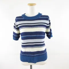 アースミュージック&エコロジー EARTH MUSIC & ECOLOGY マルチボーダーニットプルオーバー 半袖 青 白 F *A220