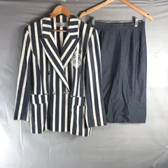 ミラショーン mila schon duemila セットアップ ジャケット スカート ストライプ 刺繍 綿100％ 裏地付き 日本製 白 ネイビー系 42サイズ 984533