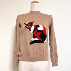 MSGM イタリア製 三毛猫モチーフ キャットインターシャ ハイゲージ ハイネックニットプルオーバー ショート丈 コンパクトシルエット バージンウール100% ベージュ XS