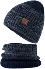 CUBATTY ニット帽 ネックウォーマー セット メンズ レディース 防寒 厚手 裏起毛 柔らかい 防寒保温 男女兼用 (ネイビー,  Free Size)