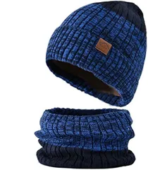 CUBATTY ニット帽 ネックウォーマー セット メンズ レディース 防寒 厚手 裏起毛 柔らかい 防寒保温 男女兼用 (ダークブルー,  Free Size)