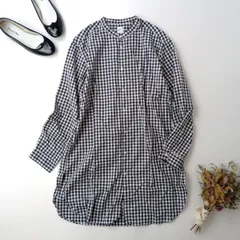 ◯ grin グリン ギンガムチェック 長袖 チュニック シャツ コットン 綿 100％ バンドカラー 羽織 日本製 2 黒 ブラック 白 ホワイト(119K＋8696)26H