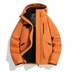 3wayマウンテンパーカー アウトドアジャケット メンズ 登山ウェア 冬服 フリースライナー付き 脱着可　ブルゾン キャンプ 2点セット 防水 防風オレンジ