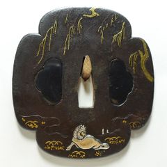 鉄地山道九曜紋散縁頭 縁4cm 山道彫 金象嵌 肥後拵 肥後金工 細川家 桐