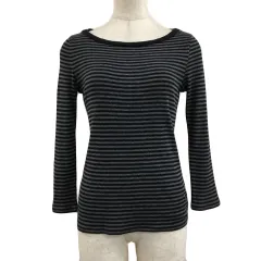 コムサイズム COMME CA ISM カットソー リブ プルオーバー ラウンドネック ボーダー 七分袖 M 黒 グレー ブラック