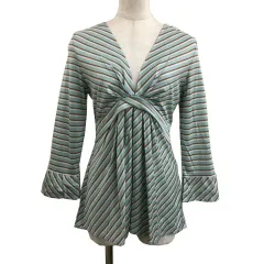 クミキョク 組曲 KUMIKYOKU カットソー プルオーバー Vネック ストライプ 長袖 2 水色 茶 ライトブルー ブラウン