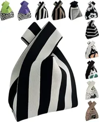 グリーンパキラ ニット トートバッグ レディース 小さめ ニットバッグ ミニバッグ 手提げ 小さい サブバック かばん 鞄 (C 白黒x縦柄,  ミニ)