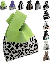 グリーンパキラ ニット トートバッグ レディース 小さめ ニットバッグ ミニバッグ 手提げ 小さい サブバック かばん 鞄 (A 黄緑xヒョウ柄,  ミニ)