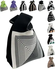 グリーンパキラ ニット トートバッグ レディース 小さめ ニットバッグ ミニバッグ 手提げ 小さい サブバック かばん 鞄 (E 黒白x正方形,  ミニ)