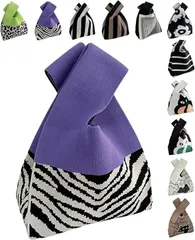 グリーンパキラ ニット トートバッグ レディース 小さめ ニットバッグ ミニバッグ 手提げ 小さい サブバック かばん 鞄 (B 紫x斜め柄,  ミニ)