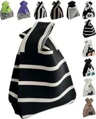 グリーンパキラ ニット トートバッグ レディース 小さめ ニットバッグ ミニバッグ 手提げ 小さい サブバック かばん 鞄 (F 黒白x細線,  ミニ)