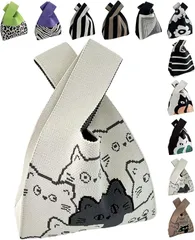 グリーンパキラ ニット トートバッグ レディース 小さめ ニットバッグ ミニバッグ 手提げ 小さい サブバック かばん 鞄 (H 白xグレー猫,  ミニ)