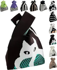 グリーンパキラ ニット トートバッグ レディース 小さめ ニットバッグ ミニバッグ 手提げ 小さい サブバック かばん 鞄 (J 黒x白猫,  ミニ)