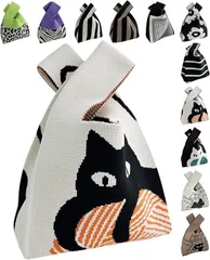 グリーンパキラ ニット トートバッグ レディース 小さめ ニットバッグ ミニバッグ 手提げ 小さい サブバック かばん 鞄 (K 白x黒猫,  ミニ)