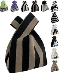 グリーンパキラ ニット トートバッグ レディース 小さめ ニットバッグ ミニバッグ 手提げ 小さい サブバック かばん 鞄 (D 茶黒x縦柄,  ミニ)