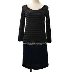 グリーンレーベルリラクシング ユナイテッドアローズ green label relaxing ワンピース Iライン ミニ スパンコール ボーダー 薄手 長袖 フリー 紺 茶 ネイビー ブラウン