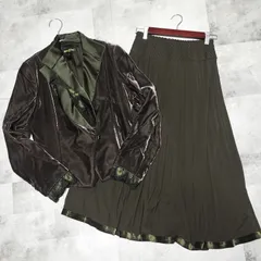 【美品】HIROKO KOSHINO　ベロア スカート セットアップ　ジャケット サイズ40 Lサイズ相当　スカート サイズ38 Мサイズ相当　カーキ ダークグリーン　レース 着脱可能　1B 1ボタン　ロングスカート プリーツ　ヒロココシノ