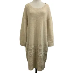 ナノユニバース nano universe The 1st. Floor ワンピース ニット Iライン ひざ丈 ラウンドネック モヘヤ混 ケーブル編み 長袖 F ベージュ