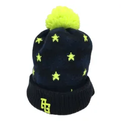 中古 パーリーゲイツ PEARLY GATES ニット帽 フリー ネイビー 蛍光イエロー PGロゴ 星総柄 ボンボン付き 防寒対策