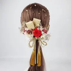 成人式 卒業式 振袖 髪飾り 和風 造花 ドライフラワー デザイン ヘアピン バレッタ ヘアアクセサリー 白 金 赤 花びら クリスタル