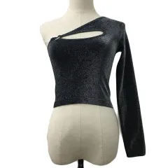 ザラ ZARA LIMITLESS CONTOUR COLLECTION カットソー ニット プルオーバー ワンショルダー ラメ カットアウト ナイロン 長袖 USA XS-S 黒 銀 ブラック シルバー