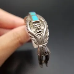 騎士 人の彫刻 ターコイズ インレイ ヴィンテージ シルバー カフ ブレスレット 民族的 トライバル 個性派ジュエリー Y19-F