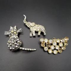 猫 象 動物モチーフ ラインストーン装飾 華やか ヴィンテージ アニマル ブローチ 立体感 ジャンクセット パーツ取り Cat Elephant Y19-R