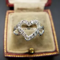 ハートフレーム オープンワーク ラインストーン装飾 ヴィンテージ リング シルバープレート 指輪 バンド 透かし フェミニン YMM