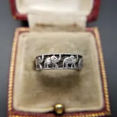 鼻を上げる象 エタニティ 彫刻 925 シルバー ヴィンテージ バンド リング 銀 指輪 幸運の動物モチーフ レトロ 小さめサイズ ピンキー YMM