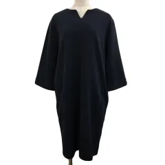 アーノルドパーマー Arnold Palmer ワンピース Iライン ひざ丈 スリットネック プルオーバー 刺繍 ワンポイント 七分袖 4 紺 ネイビー