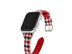 Apple Watch 千鳥格子柄 キャンバス生地 フェイクレザー バンド 38/40/41mm　ブロックチェック柄レッド　590840384041