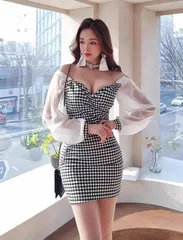 【新品・未使用】オフショルダー キャバドレス チェック柄 大人かわいい セクシー ミニ丈