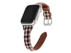 Apple Watch 千鳥格子柄 キャンバス生地 フェイクレザー バンド 42/44/45mm　ブロックチェック柄ブラウン　590830424445