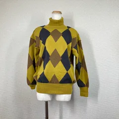 【サンジョア】ニット セーター　M　マスタード　ウール　丸首　クルーネック アーガイル柄　チェック柄　ダイヤモンド タートルネック