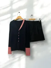 バイカラー ニットカーディガン ピンタック スラックス ショートパンツ セットアップ