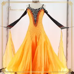 社交ダンス 衣装 スタンダード ドレス ワンピース デモ 競技 ダンス パーティ 発表会 黒 フロート フリル レース オレンジ系 ブラック系 フリル付きオレンジドレス デモ用コスチューム 競技用ドレス 華やか おしゃれ スカートボリューム