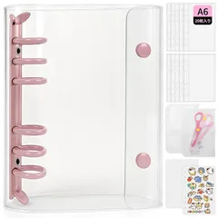 GOKEI A6サイズ 透明バインダー シール手帳 ミニ 【バインダー×1個 リフィル×20枚 チャック付きポケット×2枚 下敷き×2枚】プリ帳 カードスリーブ はがせる ポケットサイズ 女の子 ピンク 0