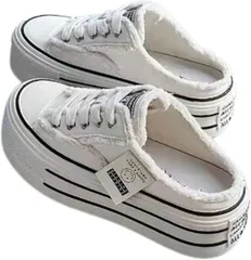 お洒落なファッションと雑貨fuwashop ダッドスニーカー 厚底5cm 身長アップ かかとなし レースアップ 着脱簡単 脚長 美脚 レディース カジュアル 韓国 帆布 キャンバス 軽量 (ホワイト,  24.5 cm)