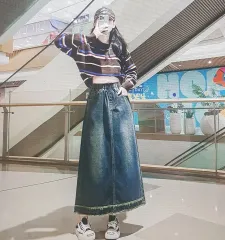 (海外配送)伸縮性デニム Aライン ロング スカート